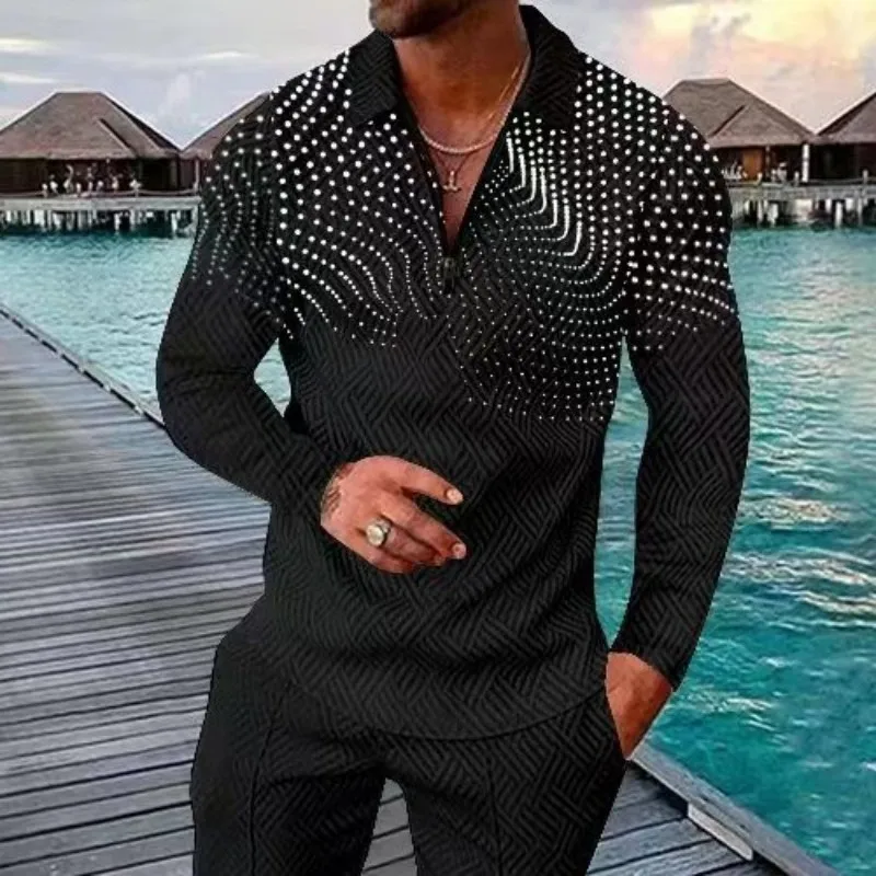 

Мужская рубашка-поло с длинным рукавом, V-образным вырезом и принтом в горошек