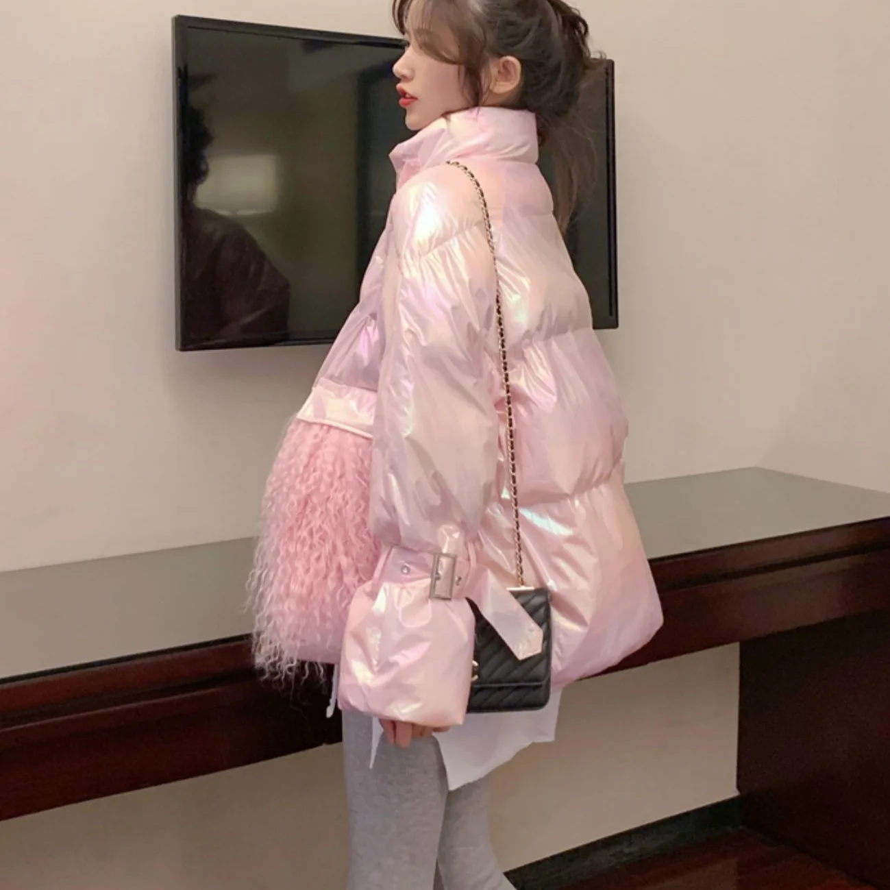 Women's Winter Down Cotton Jacket Glossy 2023 Golden Big Fur Collar Thick Shiny Parka Long Pink Blue Warm Oversize fur Parkas