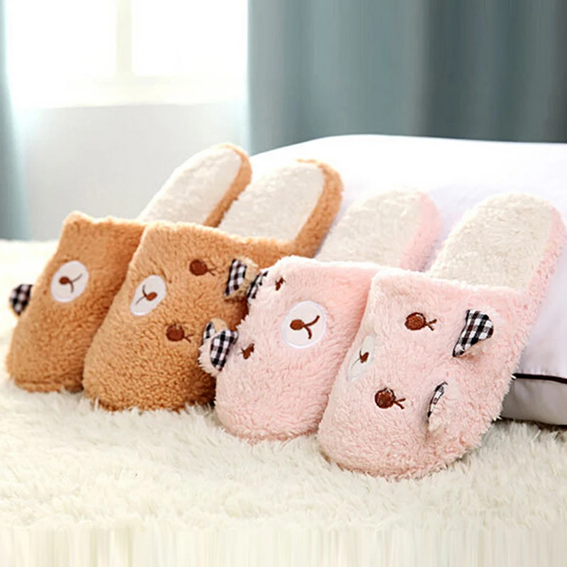 

Short Plush Winter Slipper Women Lovely Bear Cotton Bedroom House Home Floor Soft Velvet Indoor Slippers Girl Ladies Flat Shoes