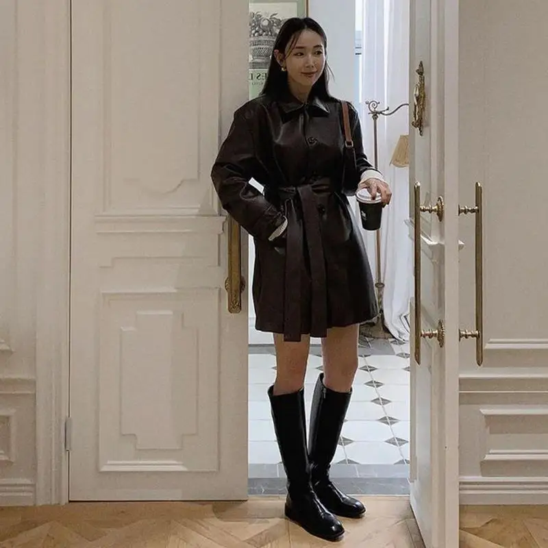 Black Leather Coat. Women's Autumn Midi Length Waist Coat  Office Ladt Brown  Pockets  High Street  Leather & Suede Clothes