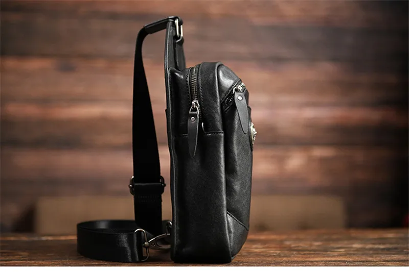 Simple and casual Top layer Cowhide black chest bag  youth daily outdoor sports hand-designed real leather diagonal bag for men