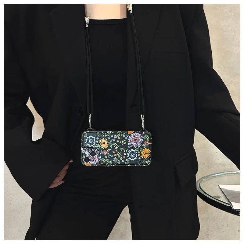 

Retro Colorful Flowers Crossbody Necklace Cord Lanyards Phone Cover Case for iPhone 14 13 12 11 Pro Max Plus