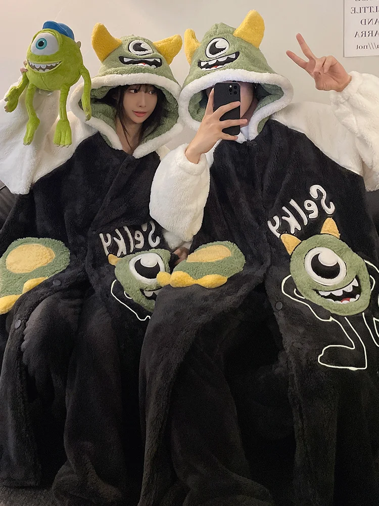 Big Eyes Couple Pajamas Women Winter Thickened Coral Fleece Flannel Nightgown Men's Homewear Set Can Be Worn outside