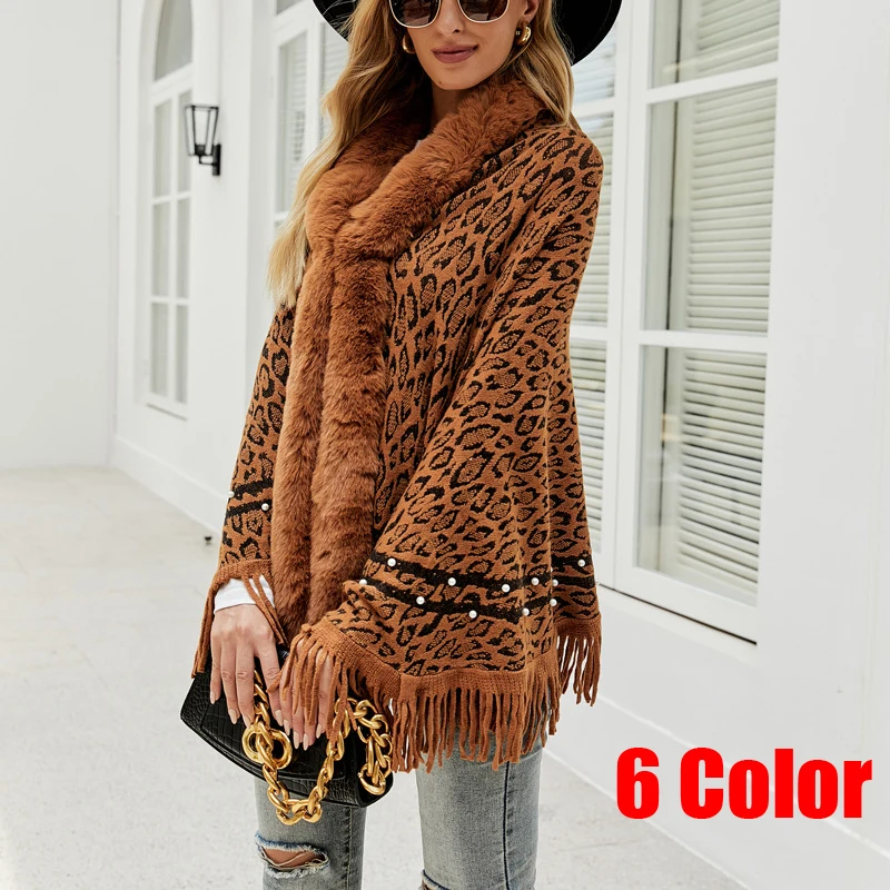 

Женская шаль, новинка 2021, Модное пончо с леопардовым принтом, вязаная шаль с длинным рукавом, Женская Повседневная Свободная шаль