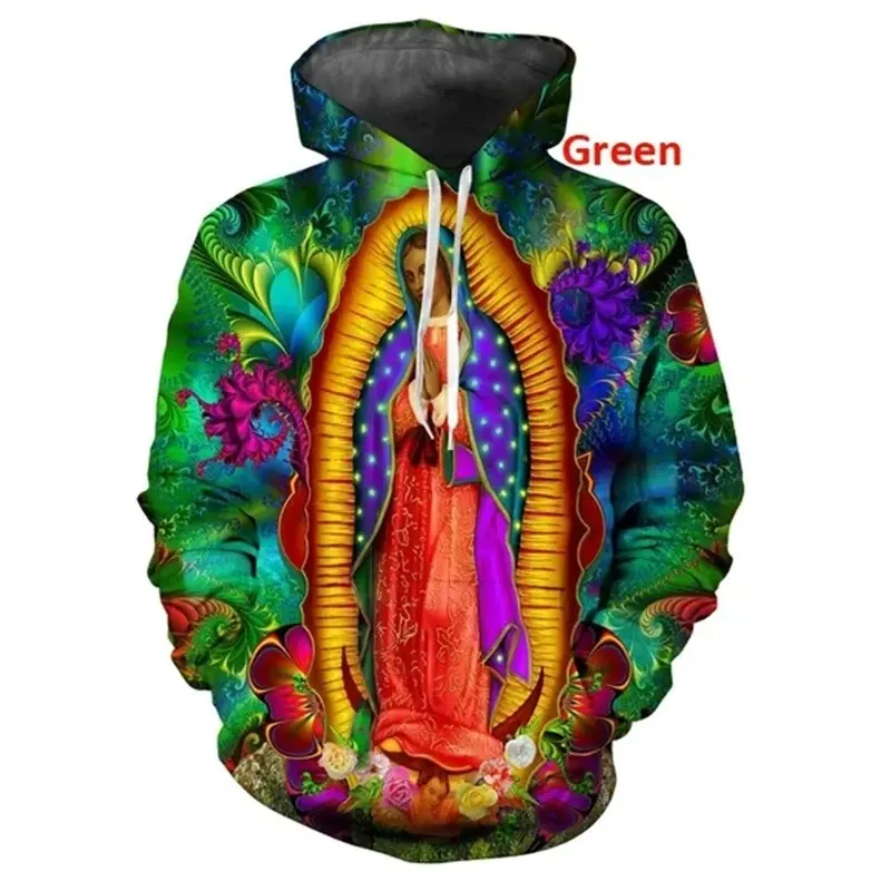 Full Print Blessed Virgin Mary Jesus Graphic Hoodies Faith Love Hope Casual Hoodie For Men Women Long Sleeve Pullover Sweatshirt