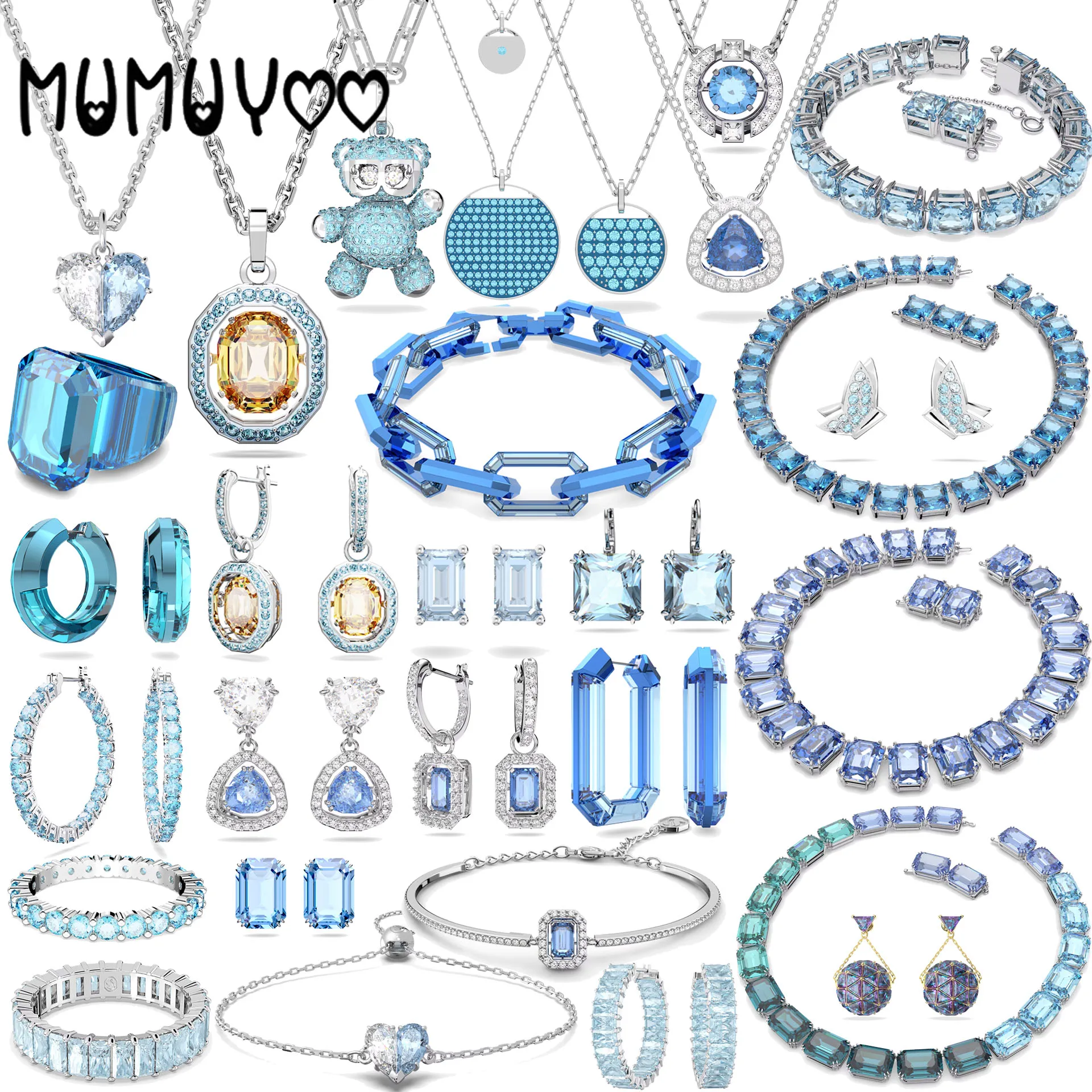 

Original Millenia Fine Jewelry Set Charm Blue Geometry Crystal Fashion Necklace Earrings Bracelet For Women's Anniversary Gift