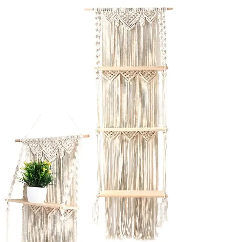 

Boho Macrame Wall Hanging Shelf 3 Tier Handmade Woven Tassel Wood Organizer Shelves Wall Floating Hanger For Home Decor