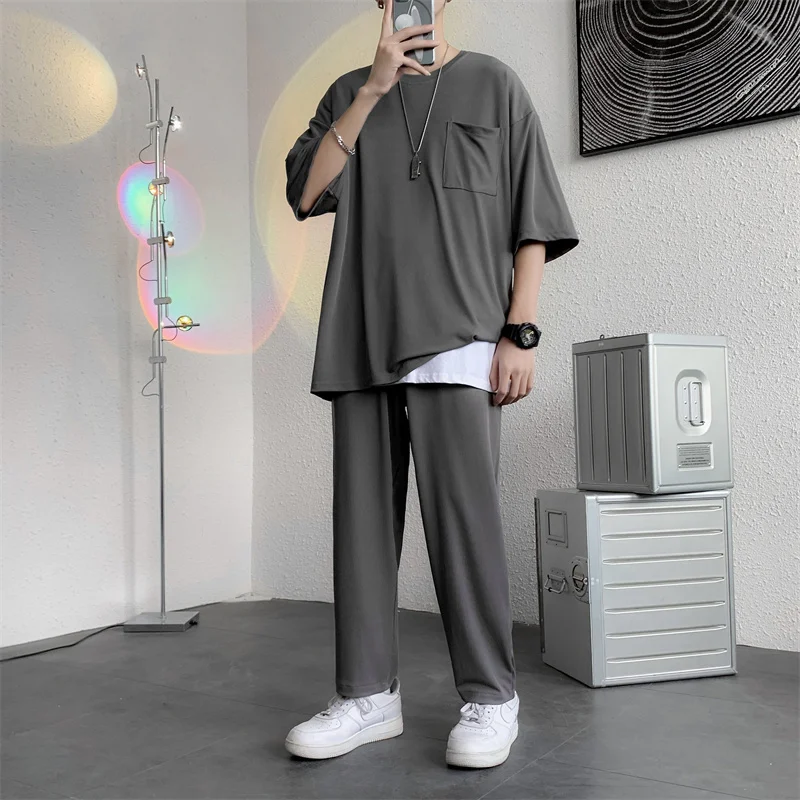 Summer 4-color Thin Sets Men Fashion Casual Short-sleeved T-shirt/Trousers Two-piece Mens Korean Loose Ice Silk Sets Men M-5XL