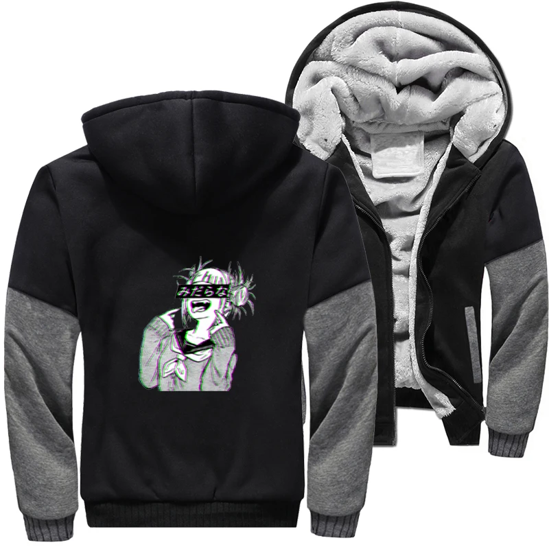

Мужская Утепленная куртка-бомбер Harajuku с японским аниме принтом, толстовка на молнии, Зимние флисовые свитшоты с капюшоном, верхняя одежда