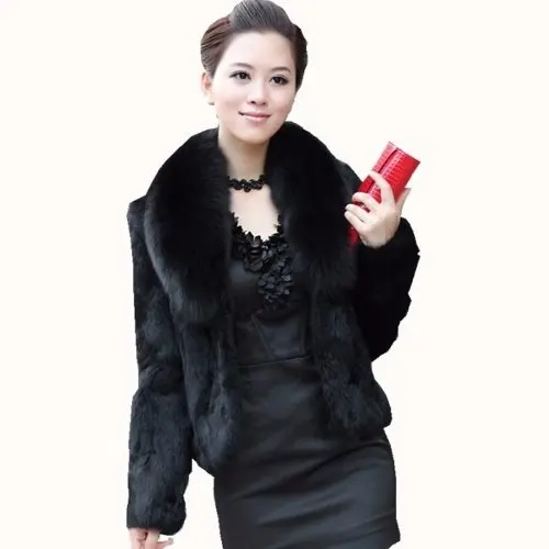 New 2022 Fur Coat Ladies Short Autumn  Winter Rex Rabbit Fur Slim Faux Fur Coat Fox Fur Collar Short Luxury  Ladies Coats