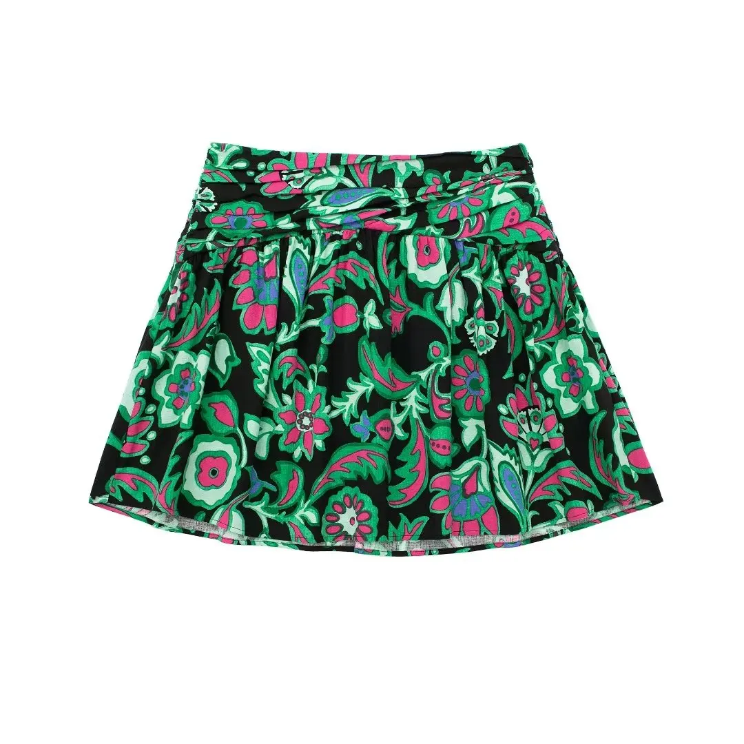 

Women 2023 New Chic Fashion Flax blended flower printing Mini Skirts Vintage High Waist Side Zipper Female Skorts Mujer