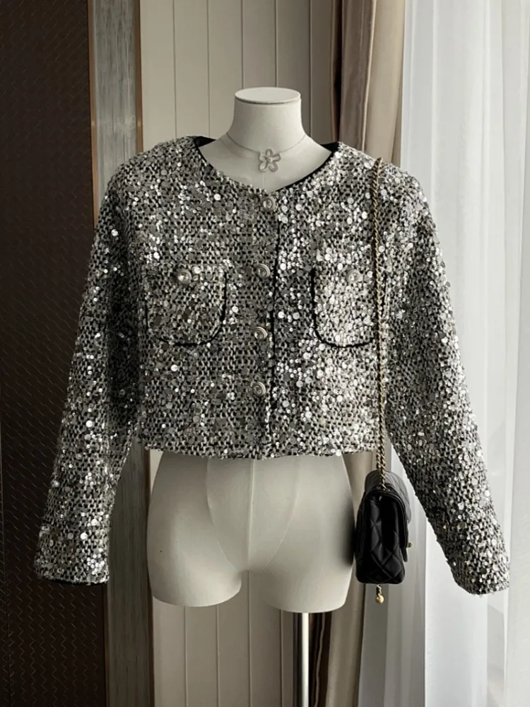 

Runway Luxury Sequins Tweed Woolen French Small Fragrance High Quality Coats Jacket For Women Female Casaco Outwear Top