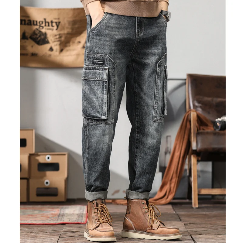 Streetwear Men New Pattern Vintage Recreational Bluish Grey Cargo Pants Straight Cylinder Comfortable Loose Jeans Autumn Female
