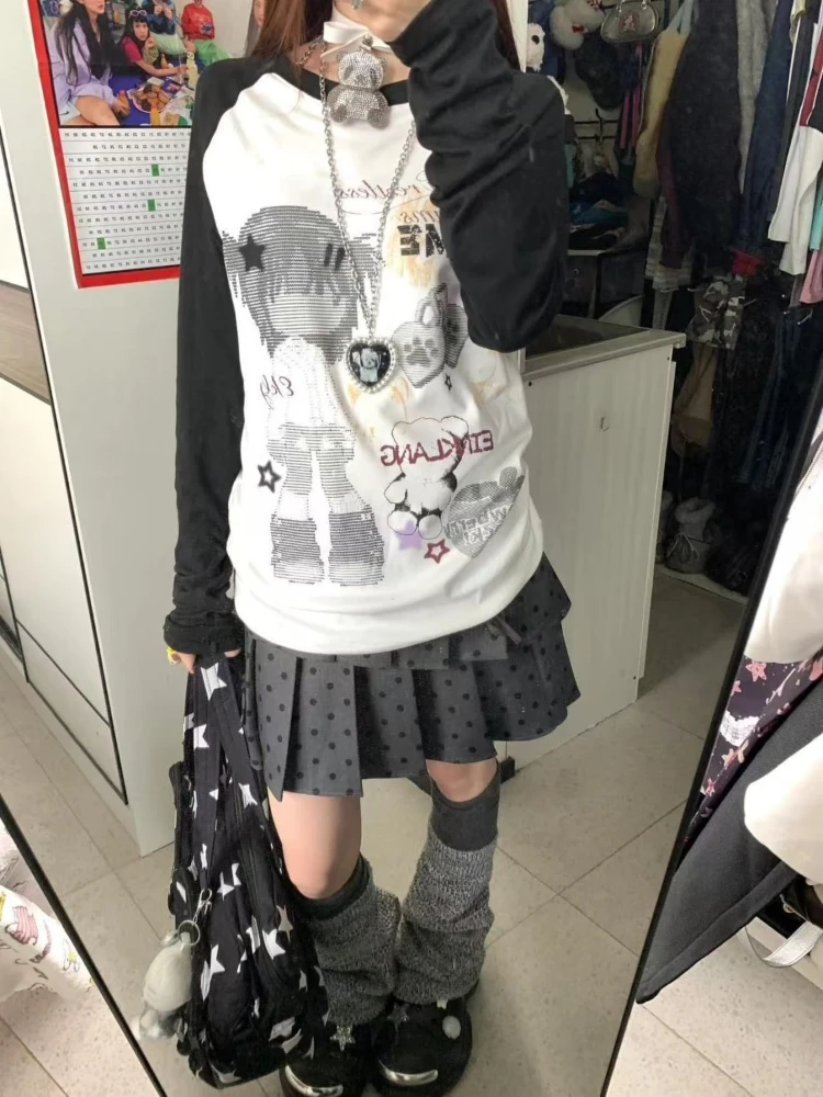Фото HOUZHOU Y2k белые милые аниме Juminocore женские футболки Harajuku черные футболки с длинными рукавами в японском стиле большие повседневные футболки Kawaii №3
