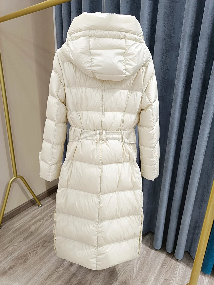 New Winter Thick Warm Long Jacket Women High Street Hooded 90% White Duck Down Coat Slim Zipper Lace-up Snow Outwear