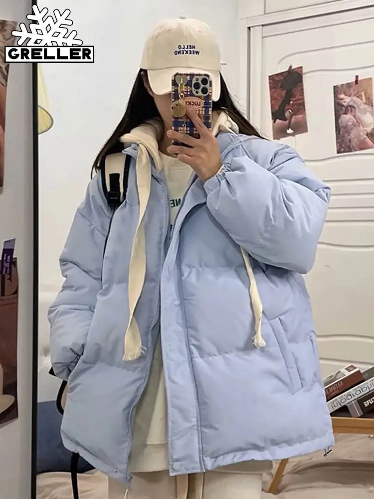 GRELLER Short Jacket Woman Parkas Fall Winter 2022 Thicken Warm Spliced Coat Oversized Korean Fashion Loose Puffer Outerwear
