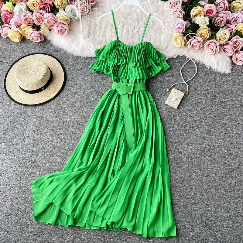 2022 New Summer Women Sexy Off Shoulder Belt Slim Strap Dress Beach Vacation Fashion Solid Color Pleated Long Dress