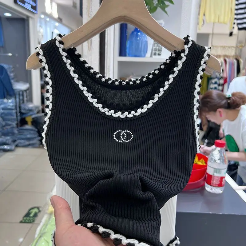 Black White Crochet Embroidered Knitted Vest Women Spring Summer 2023 New Design Korean Fashion Clothing images - 6