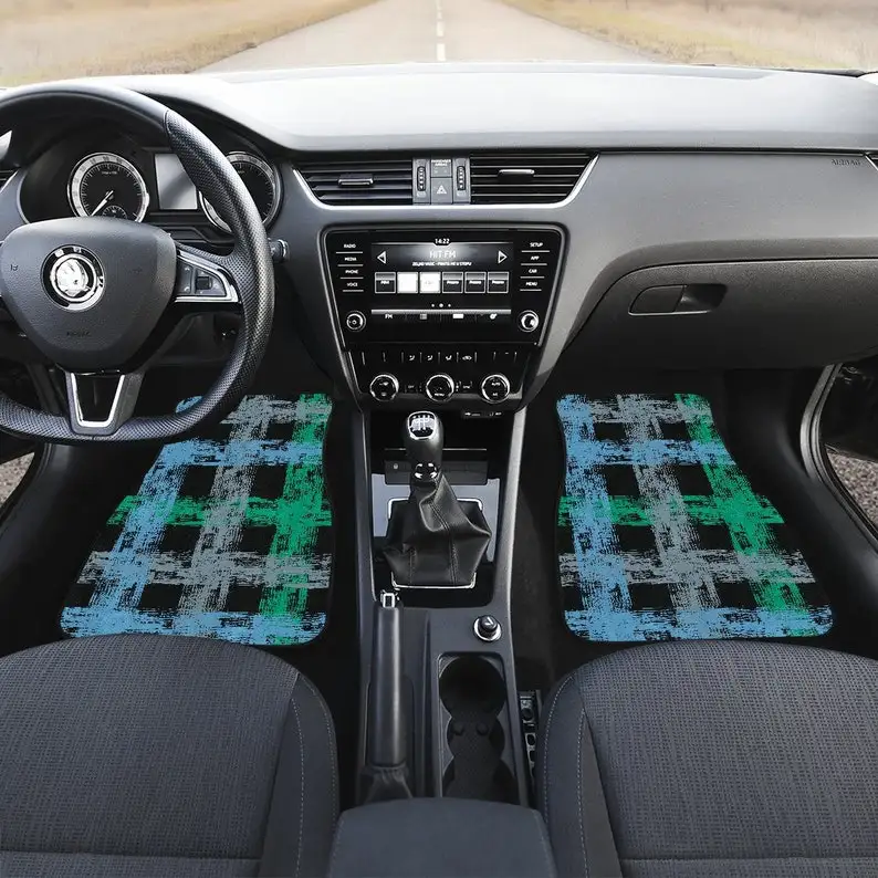 

Blue Green Plaid Abstract Art Car Floor Mats Set, Front and Back Floor Mats for Car, Car Accessories