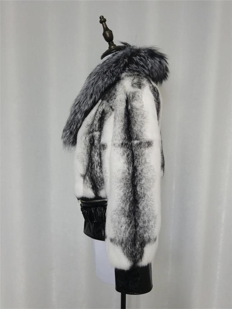 Real Fur Natural Rex Rabbit Fur Coat Genuine Leather Jacket Angora Rabbit Fur Outerwear Silver Fox Fur Collar Thick Warm Parkas