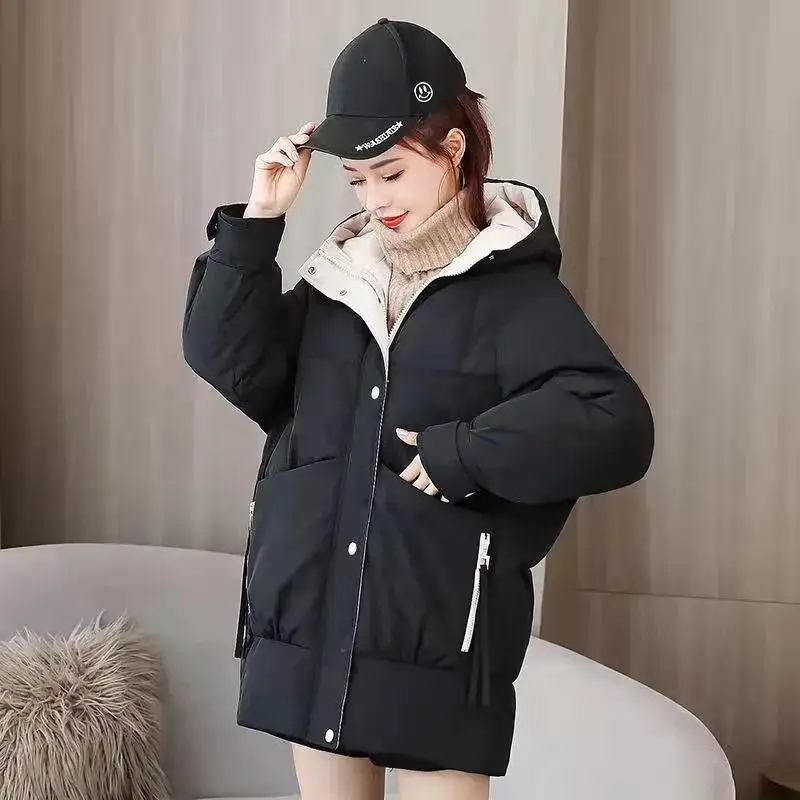 Winter Loose Hooded Cotton Padded Coat Women Warm Thin Parka Casua Mid-length Basic Solid Outwear Snow Jacket New Tops A11