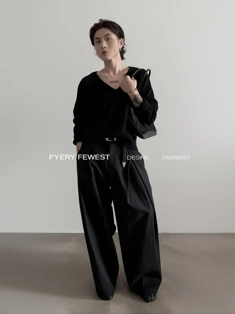 Фото Мужские брюки Harajuku Work Wear: широкие, плиссированные, прямые, длинные, для бизнеса и повседневной носки, в стиле стритвир, свободные, мешковатые №2