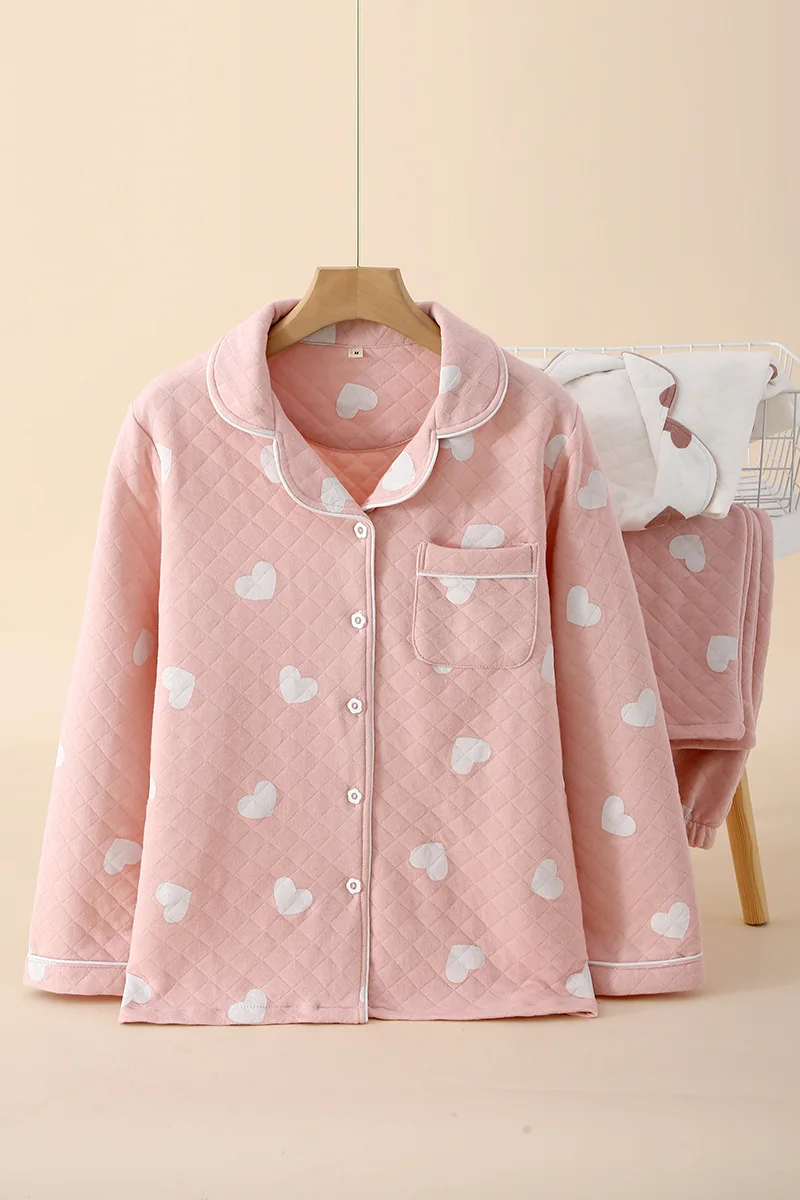New Autumn Winter Pajamas Set Air Cotton Clip Women Nightwear Warm Home Suit Casual Long Sleeve Pant Female Love Print Sleepwear