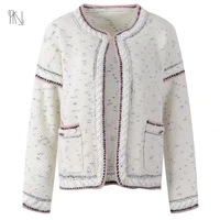 tweed long sleeve sweater cardigan 2022 fall new women french round neck buttonless lace pocket decorative jacket free shipping