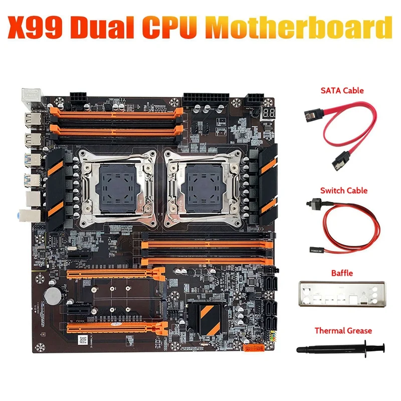 X99 Motherboard Dual CPU Slot+SATA Cable+Switch Cable+Baffle+Thermal Grease LGA 2011 DDR4 SATA 3.0 Support 2011-V3 CPU