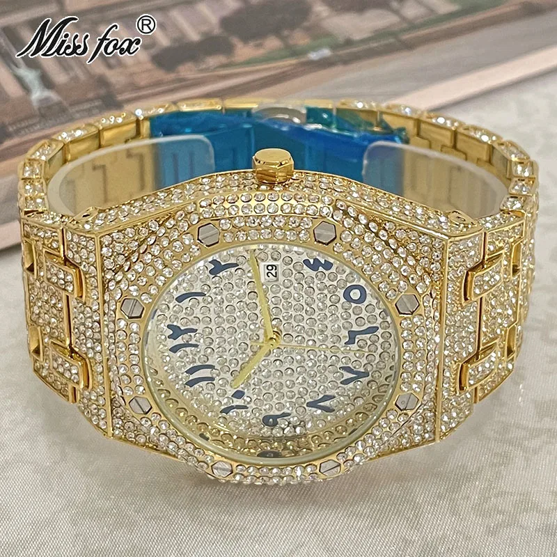 

Luxury Brand MISSFOX Fashion Watch For Mens Full Diamond Waterproof Wrist Watch Iced Out 18K Gold Clocks Male Gift Reloj Hombre