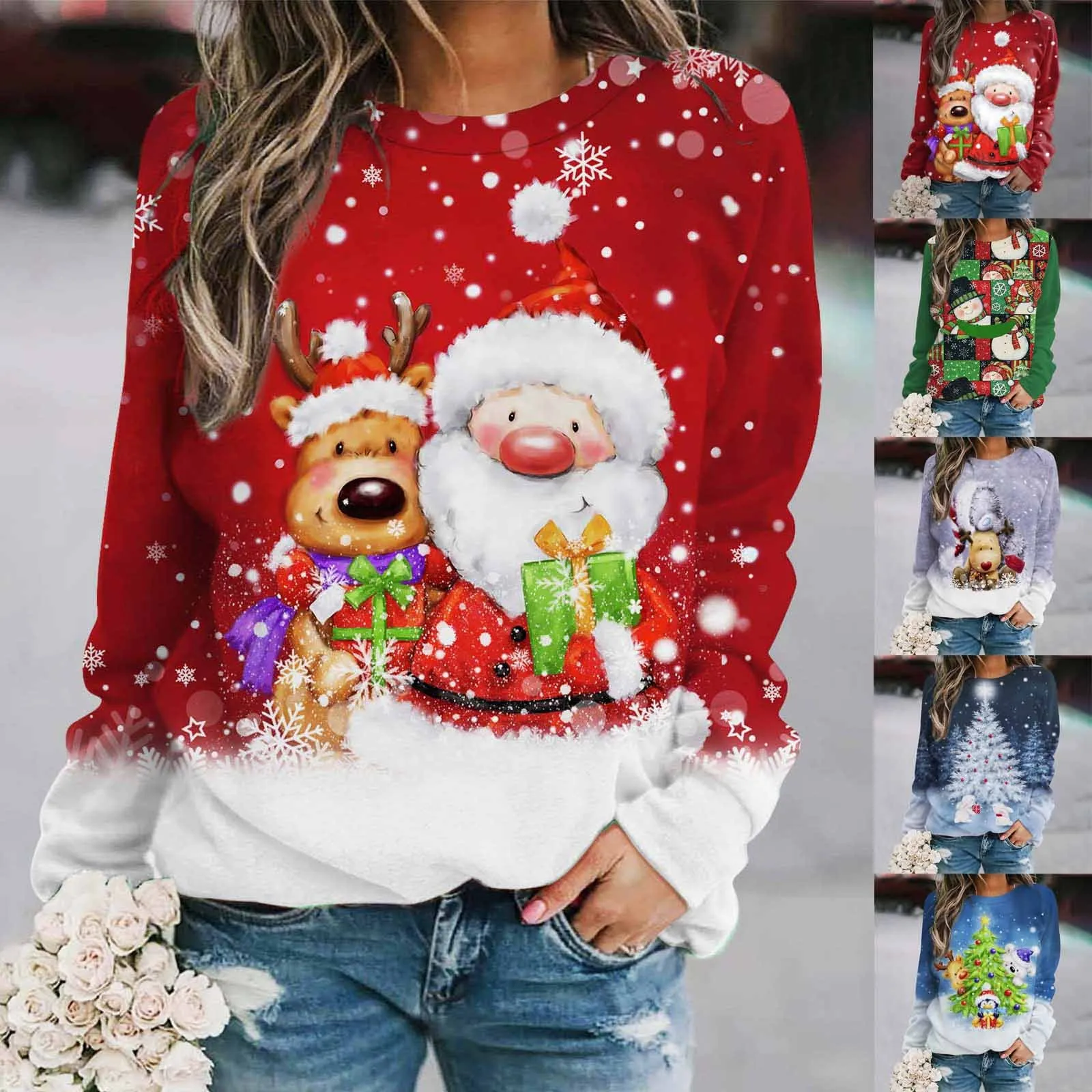 

Suit Jackets Women Women's Hoodless Sweater Christmas Santa Snowman Printed Top Cotton Sweatshirts