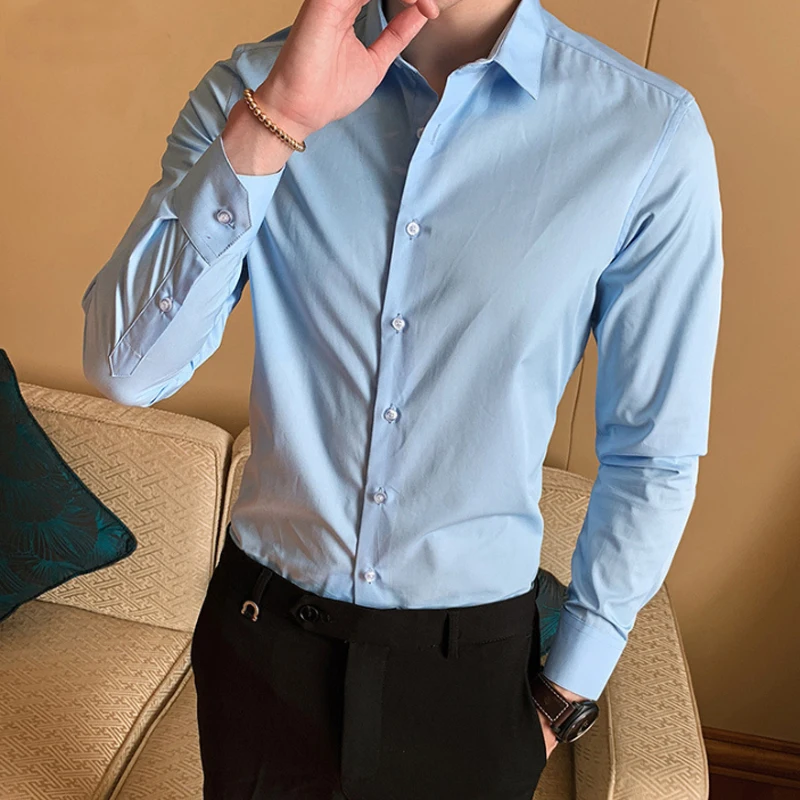 The new four seasons men's long-sleeved shirt cotton non-iron comfortable slim business casual fit fashion solid color shirt