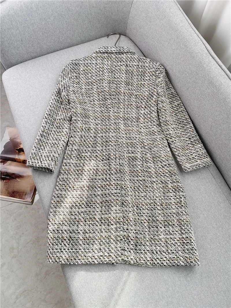 Tweed Polo Collar Dress 2022 Autumn New Single-breasted High Waist Contrast Color Pocket Long-sleeved Dress Women