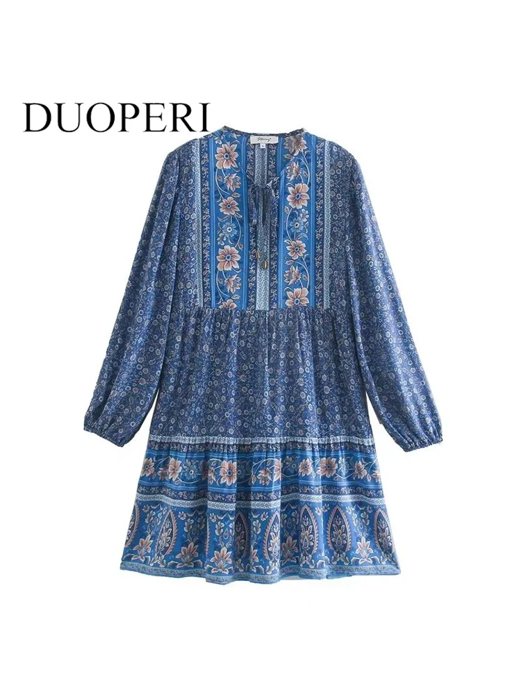 

DUOPERI Women Fashion Printed Pleated Lace Up Mini Dress Vintage V-Neck Long Sleeves Female Chic Lady Dresses