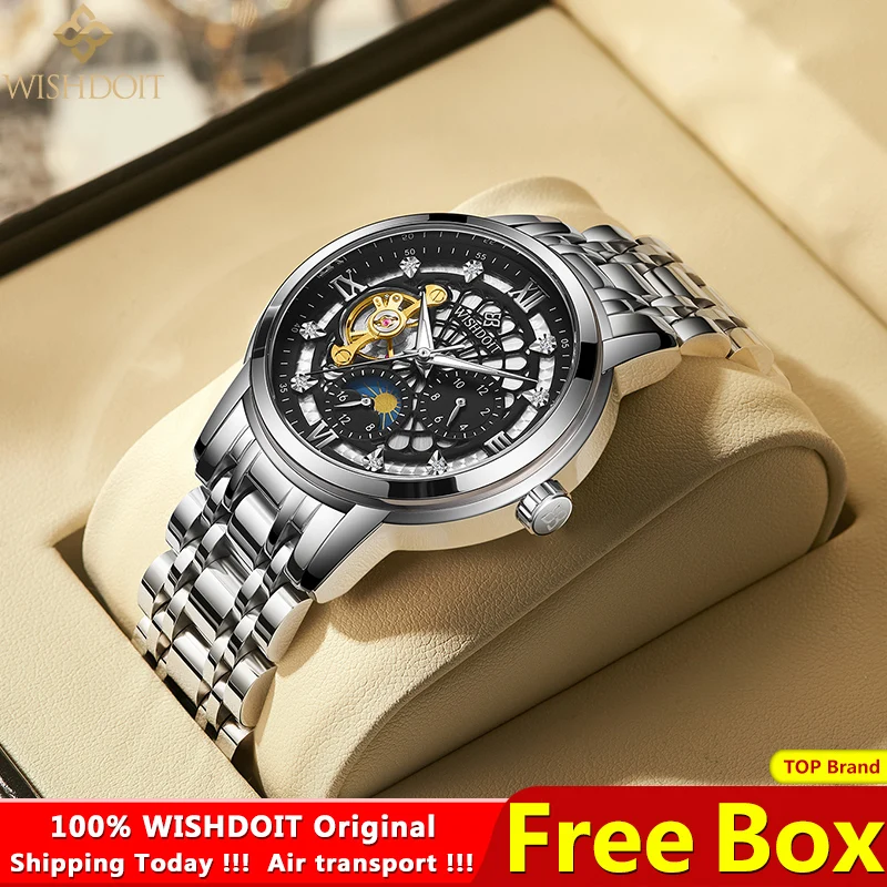 WISHDOIT Swiss Watch Men's Mechanical Automatic Hollow Watch Large Dial Waterproof Luminous 2021 New Men's Fashion Watch Luxury