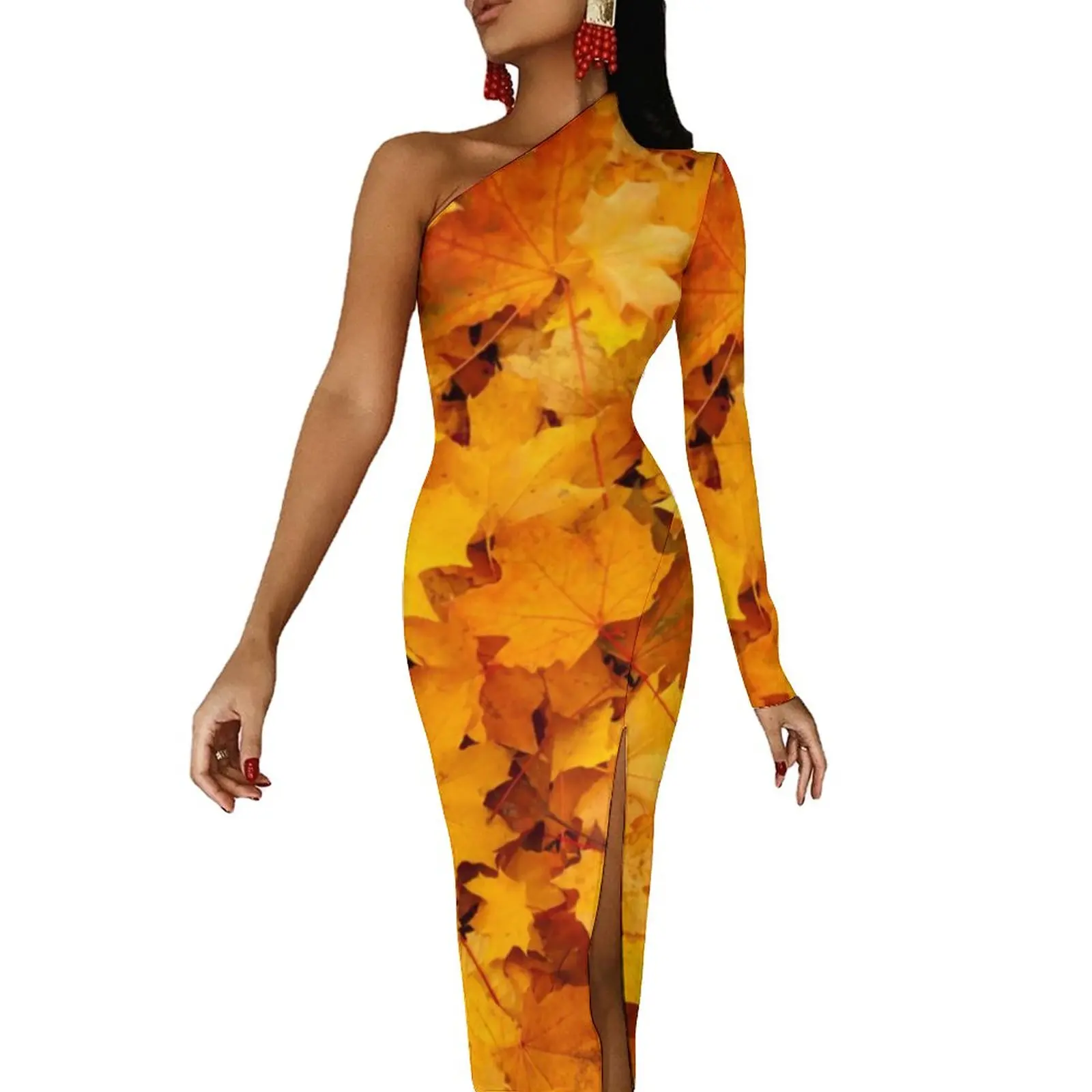 

Golden Leaves Long Dress Womens Maple Leaf Print Aesthetic Maxi Dress One Shoulder Night Club Bodycon Dresses Graphic Vestidos