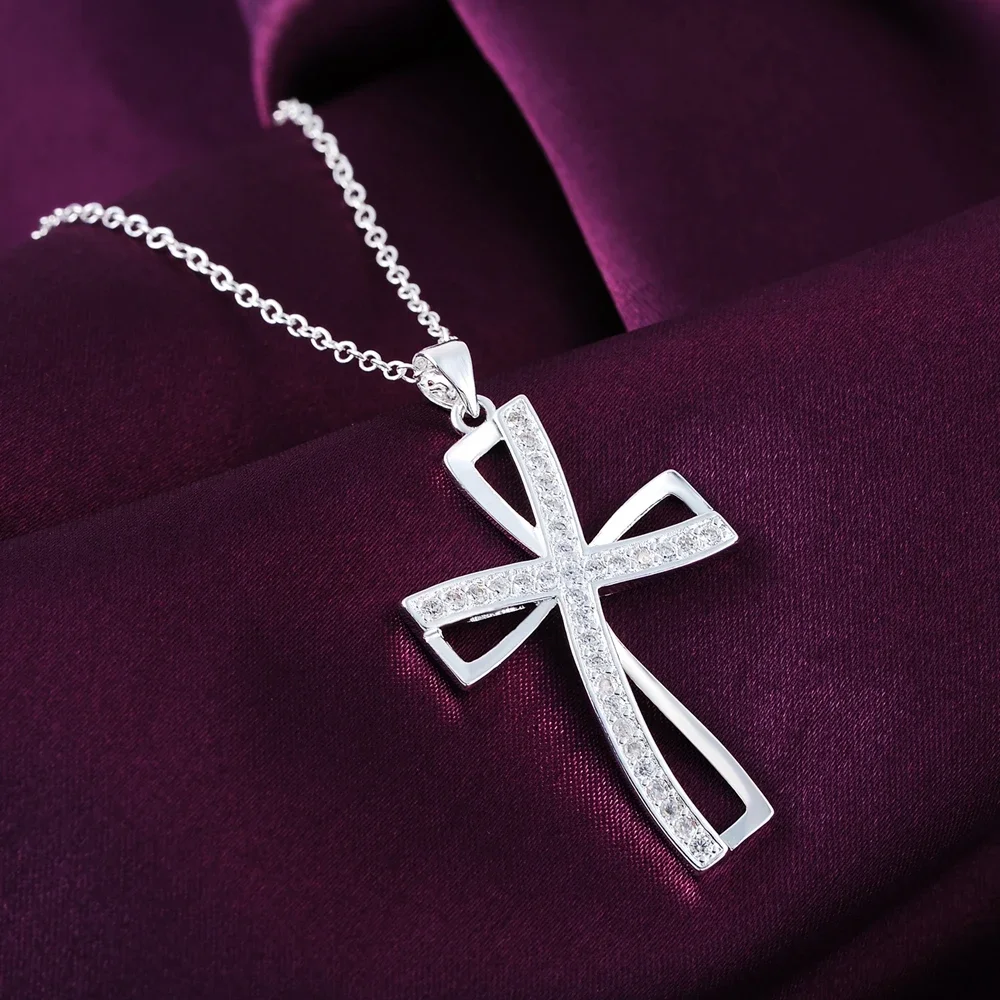 Collar con colgante de Cruz de cristal para mujer, de Plata de Ley 925, joyería de marcas populares para fiesta, regalos de vacaciones