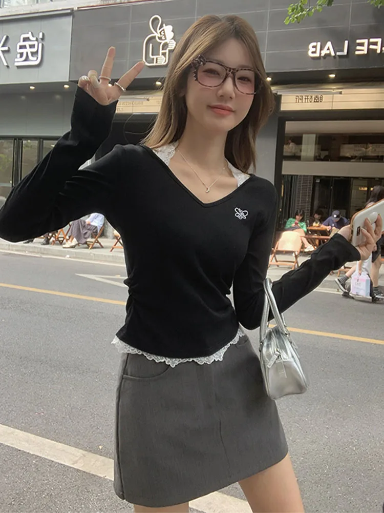 Plus Size Unique Beautiful Small Top Spring and Autumn Pure Desire Lace Hanging Neck Fake Two Pieces Long sleeve Black Waist ...