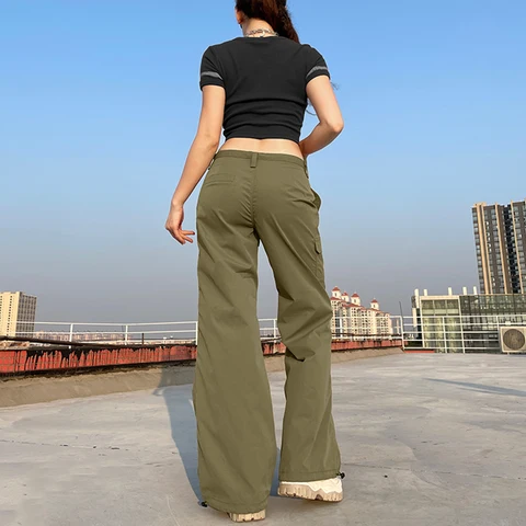 Women's Pocket Casual Pant Vintage Fashion Self Cultivation Low Rise Waist Straight Drawstring Trouser Simple Casual Cargo Pants
