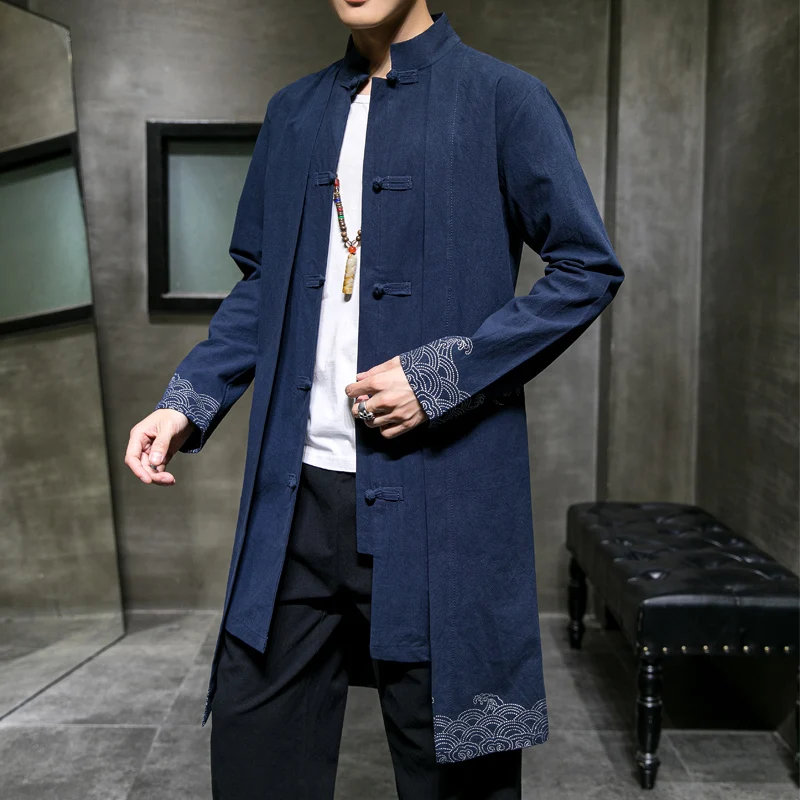 

MrGB Spring/autumn Trench Men's Jacket Cotton Linen China Style Print Tang Suit Hanfu Medium Length Windbreaker Oversized Coat