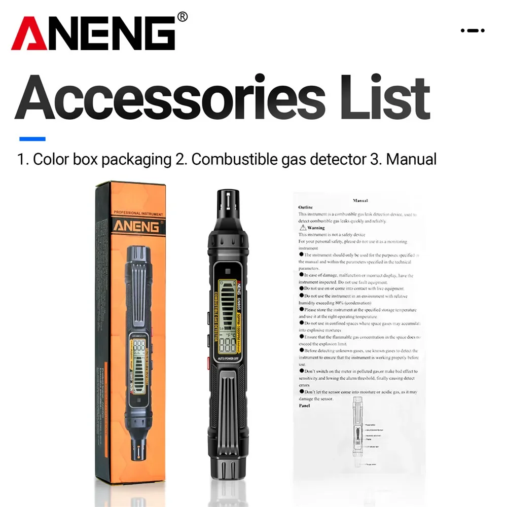 Фото Детектор утечки горючих газов ANENG GN805, 50~1000 PPM, газочувствительный полупроводниковый тестер для проверки бытовых газопроводов. №5