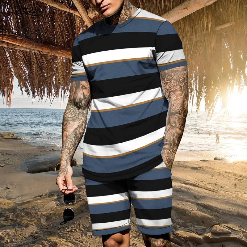 New Summer Stripe Style Men Harajuku Sets Jogging Streetwear T Shirt Tracksuit Suit 3D Printed Breathable Cozy Clothes 6XL