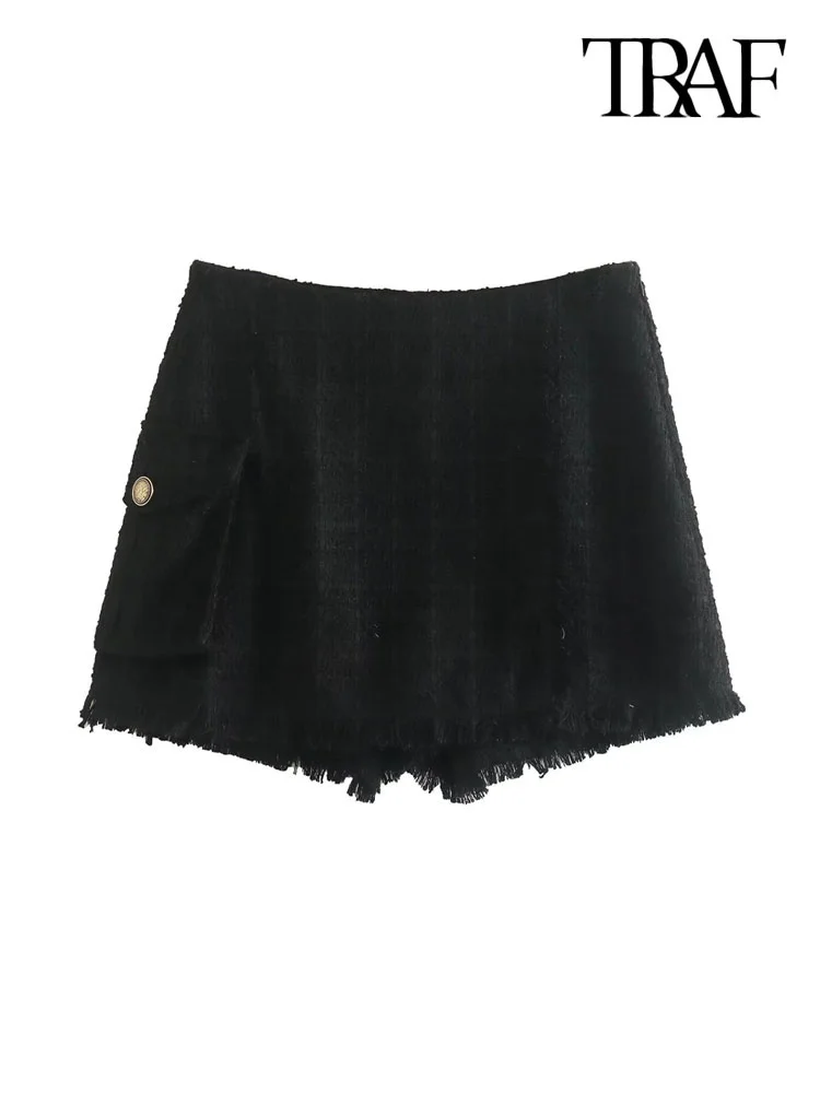 

Женские твидовые шорты с потертостями, боковым карманом и молнией сбоку