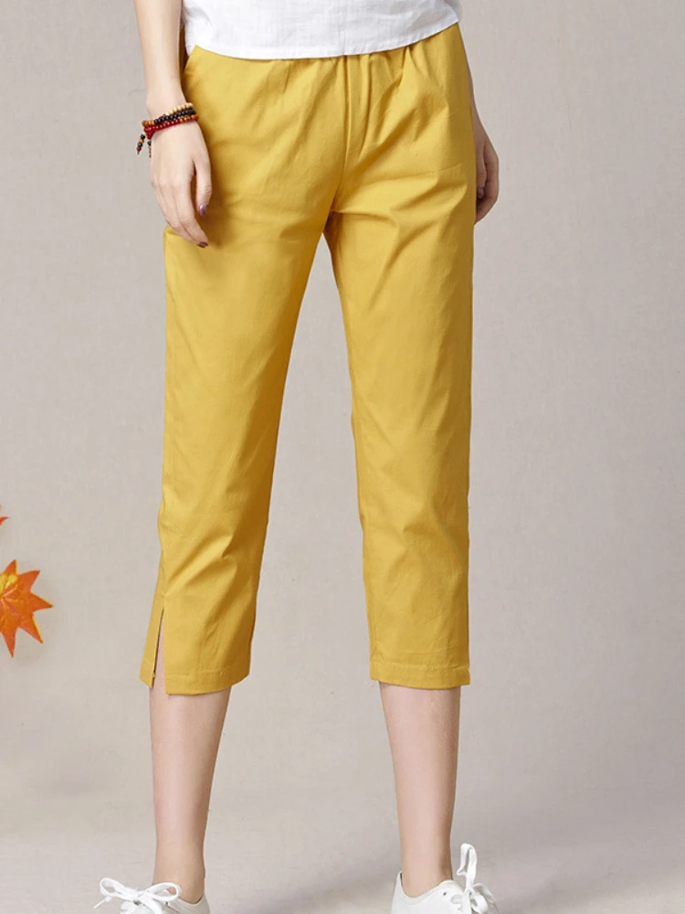 

Cropped Pants Women's Summer Thin Section Loose Tight High Waist Cotton Linen Casual Breeches Split Harem Shorts Woman Pants