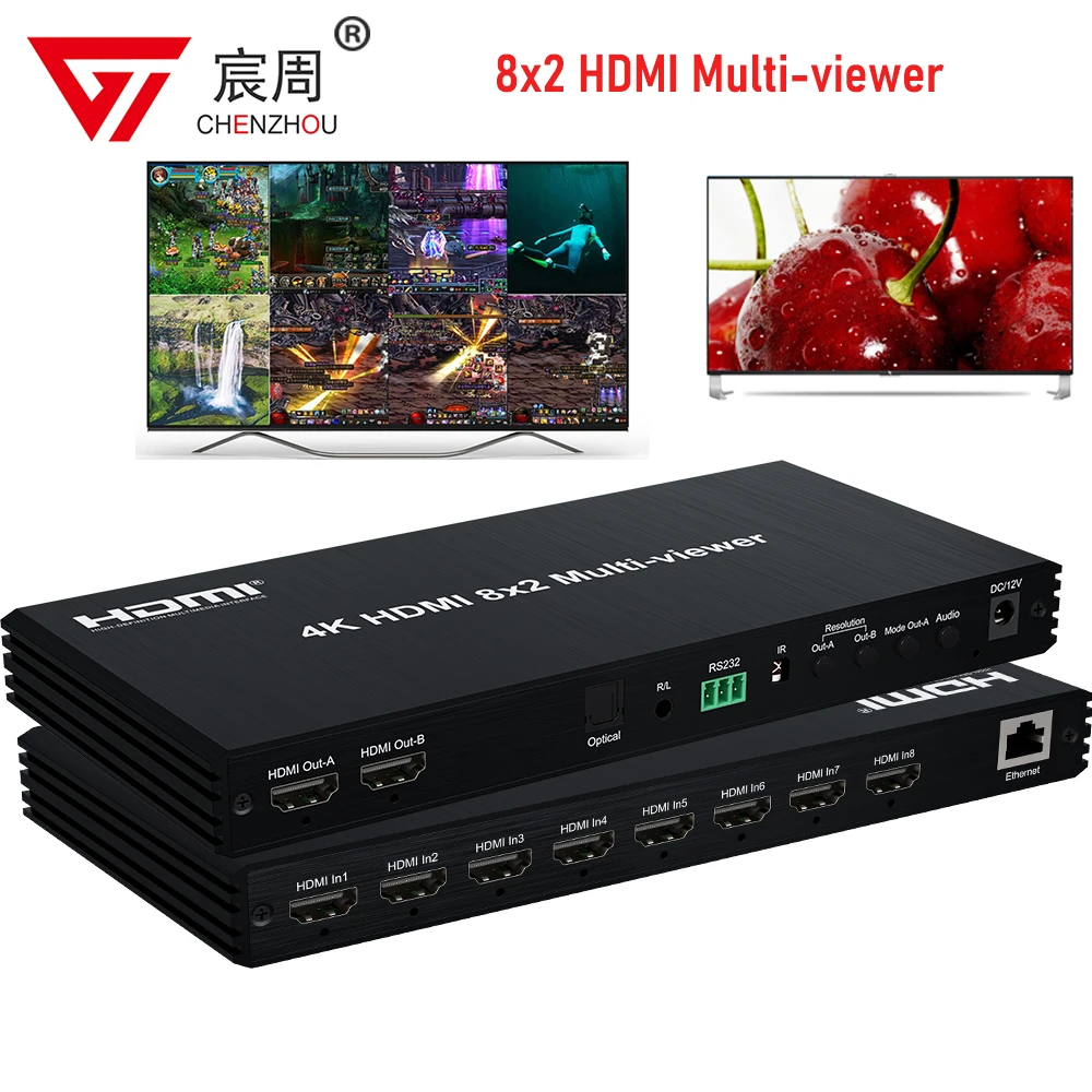 Фото 4K двойной дисплей 8x2 HDMI Multi-viewer 8 в 2 выхода HDMI мультивар бесшовный коммутатор поддержка PIP-накладки с оптическим выходом 3,5 мм №1