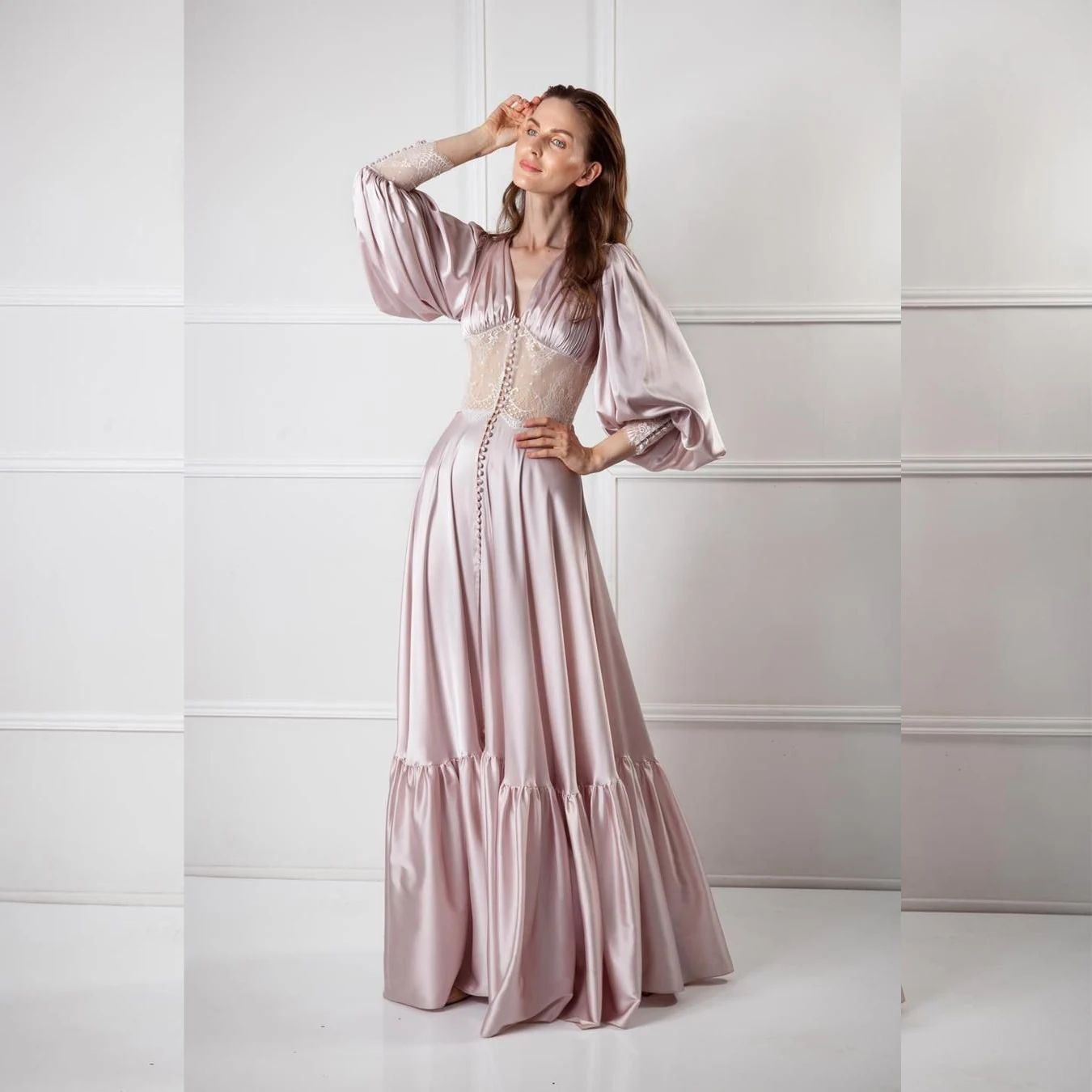 

Женское вечернее платье с буфами, розовое атласное плиссированное платье до пола с длинным рукавом, бусинами и V-образным вырезом, для торжественных случаев, 2023