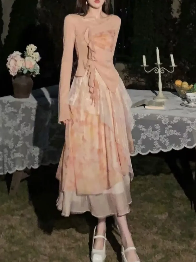 

2023 летние женские новые юбки с оборками, винтажные элегантные Цветочная блузка с принтом с длинными рукавами + Юбки миди с высокой талией, костюмы из 2 предметов