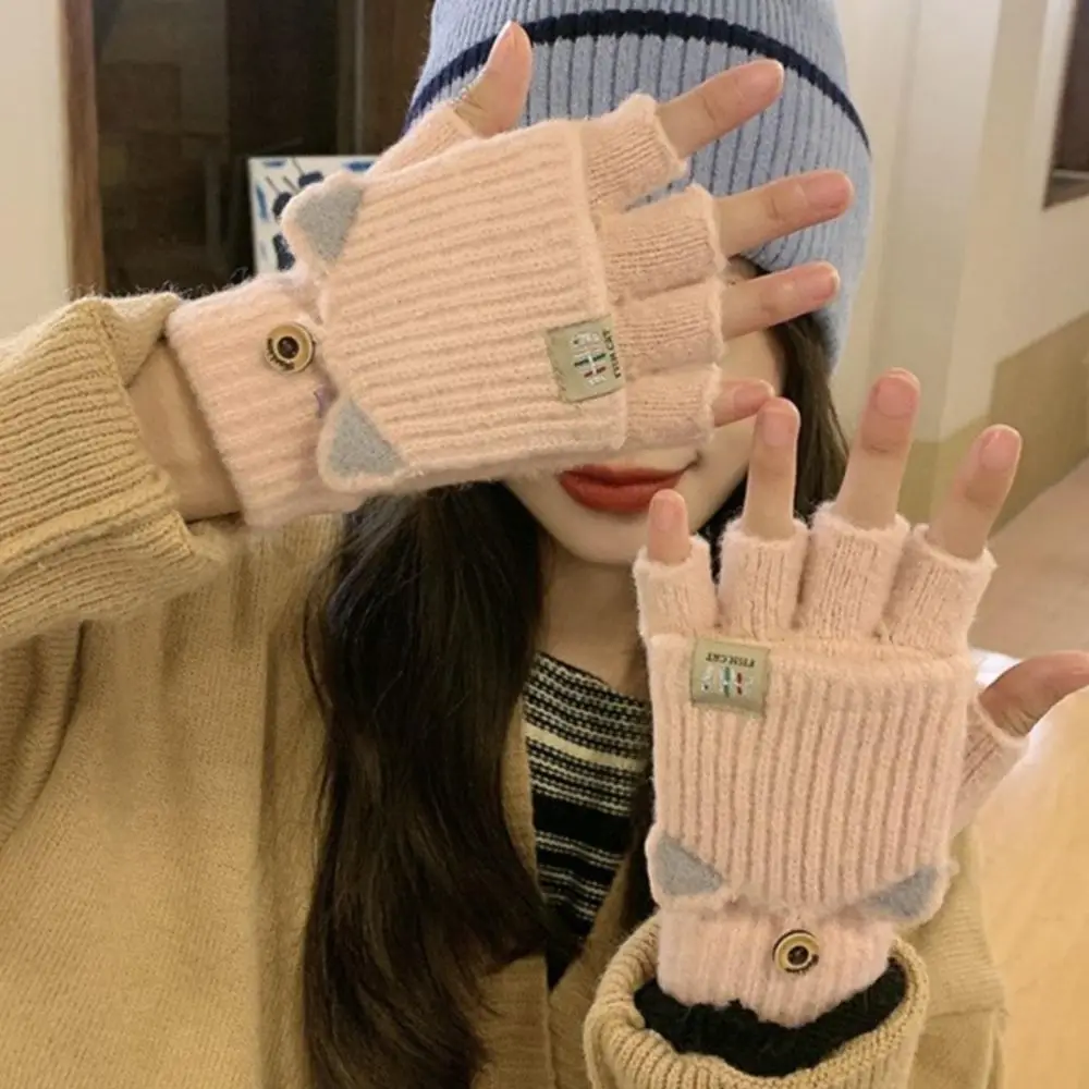 

Cute Cat Ear Winter Warm Gloves Knitted Flip Fingerless Thick Gloves Without Fingers Mittens Cute Women's Gloves Hand Warmer New