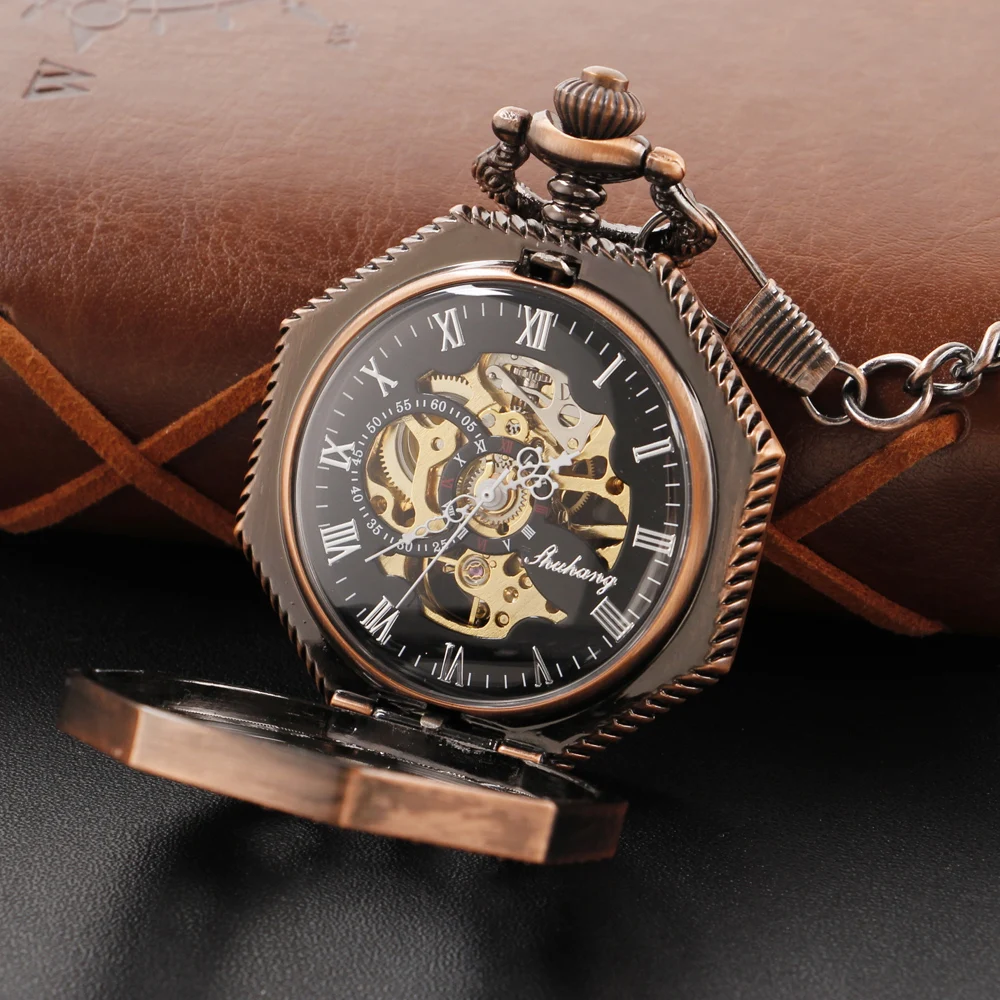 Red Antique Digital Hollow out Mechanical Pocket Watch High Quality Unisex Necklace Pendant Jewelry Gift for Men and Women