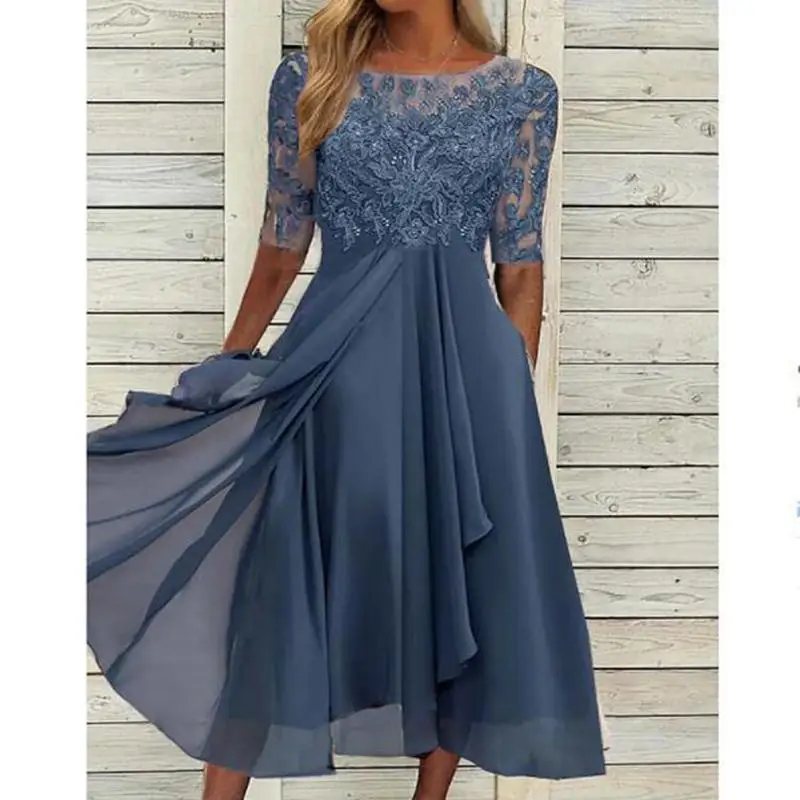 

Lace Patchwork Irregular Elegant Fashion Evening Party Sexy Dresses For Women New Summer High Waist Slim Short Sleeve Midi Dress